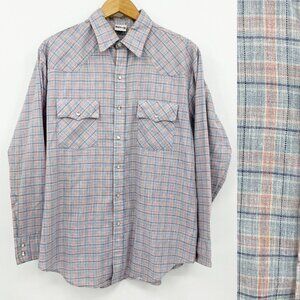 Montgomery Ward Vintage 70s Pearl Snap Blue & Pink Plaid Western Shirt